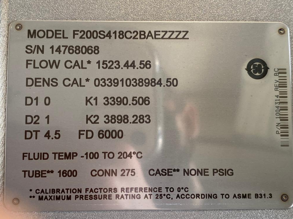 Micro Motion 2" x 1-1/2" 150# 316 Stainless Flow Meter F200S418C2BAEZZZZ (J)